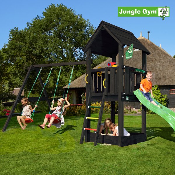 Jungle Gym Club leikkitorni ja Swing Module X'tra sekä liukumäki, mustaksi petsattu